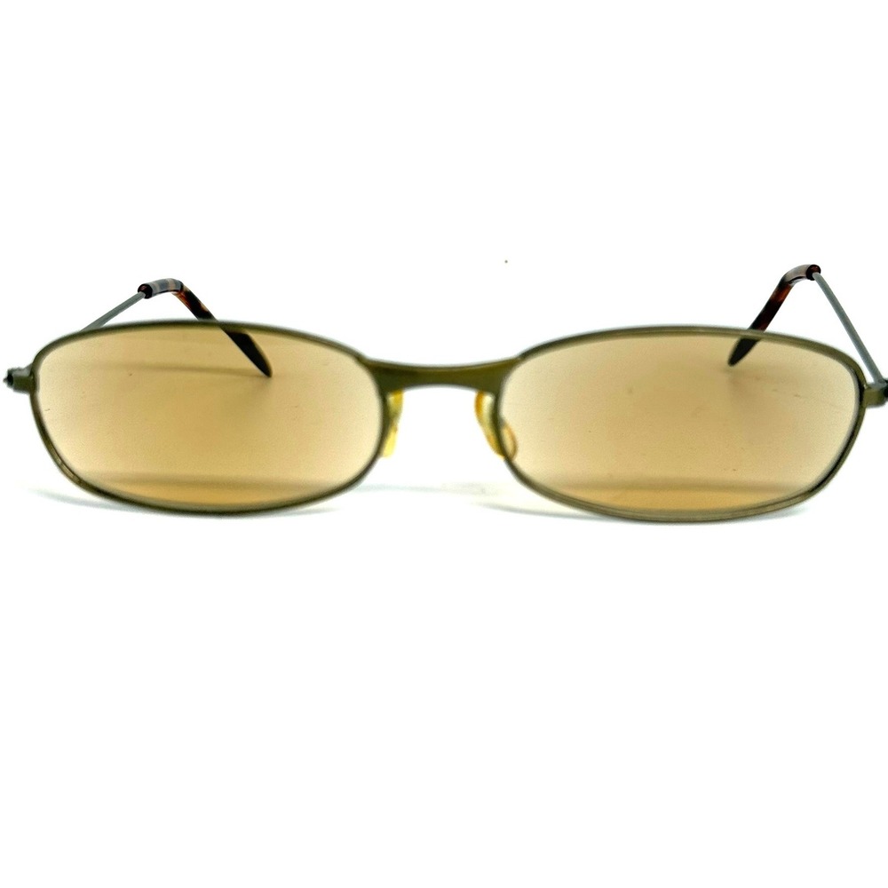 Vintage Olive Green Metal Oval Sunglasses Amber Tint Lenses Tortoise Tips